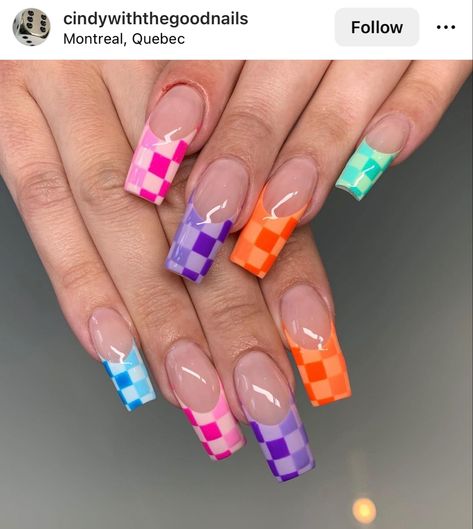 Racing Nails, Acrylic Nails Yellow, Fluorescent Nails, Checkered Nails, French Acrylics, Abstract Nail, Subtle Nails, Colorful Nails, Coffin Nails Long