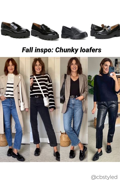 Loafers Outfit Chunky, Chunkie Loafers Outfit, Loafers For Women Outfit 2023, Office Loafers Women, Loafers Look Women, Black Loafers Outfit 2023, Lug Shoes Outfit, Black Loafer Outfits Women Fall, Loafer Chunky Outfit