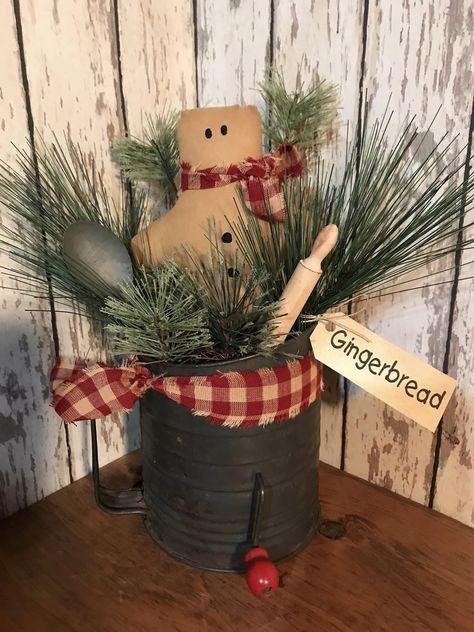 Primitive Gingerbread Vintage Sifter Arrangement 12" high Gingerbread Arrangements, Gingerbread Home Decor, Primitive Gingerbread Men, Wood Gingerbread, Primitive Gingerbread, Flour Sifters, Stacking Boxes, Gingerbread Candle, Christmas Florals