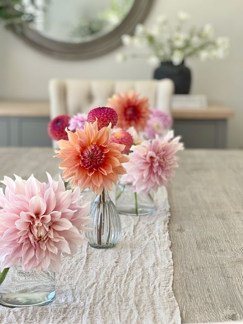 Dahlias in bud vase Dahlia Centerpiece Wedding Simple, Small Dahlia Arrangement, Dahlias In Bud Vases, Dahlia Table Decorations, Dahlia Bud Vases, Bud Vases Wedding Centerpiece Circle Table, Orange Bud Vases, Dahlia Bud Vase, Dahlia Centerpiece Wedding