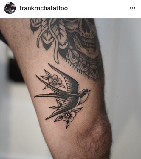 Retro Swallow Tattoo, Swallow Tattoo Leg, American Style Bird Tattoo, Bird Tattoos For Women Traditional, Cardinal Tattoo American Traditional Black And White, Neo Traditional Sparrow Tattoo, Swallow Tattoo With Flowers, Swallow Bird Tattoo Traditional, Bird With Rose Tattoo