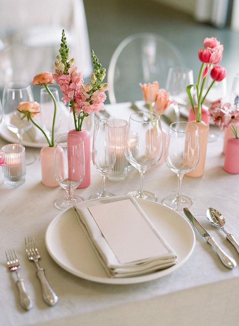 Table Setting Spring Wedding, Pink And Orange Bud Vases, Bud Vase Runner, Peach Bud Vases, Bud Vase Centerpiece Long Table, Bud Vases Wedding Centerpiece Long Table, Bud Vases Round Table Wedding, Flower Vases Centerpiece, Pink Bud Vases