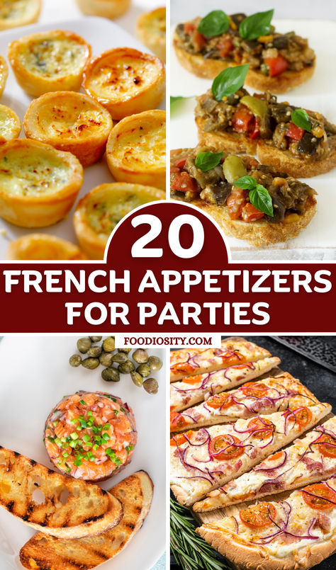 This curated collection of 20 French appetizers showcases the breadth and depth of France’s culinary heritage, from the rustic charm of Pâté de Campagne to the sophisticated elegance of Olive Tapenade Crostini.  Each recipe offers a glimpse into the rich tapestry of French cuisine, inviting diners to embark on a gastronomic journey that begins with these delectable starters. Paris Themed Appetizers, Classic French Appetizers, French Starters Appetizers, French Style Appetizers, French Apero Ideas, French Appetizers France, France Appetizers, Parisian Appetizers, French Tea Party Food