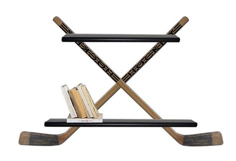 Hockey Stick Desk, Hockey Shelf Ideas, Hockey Stick Hat Rack, Hockey Stick Shelf, Eboy Room, Hockey Shelf, Hockey Themed Room, Hockey Stick Furniture, Hockey Room Decor