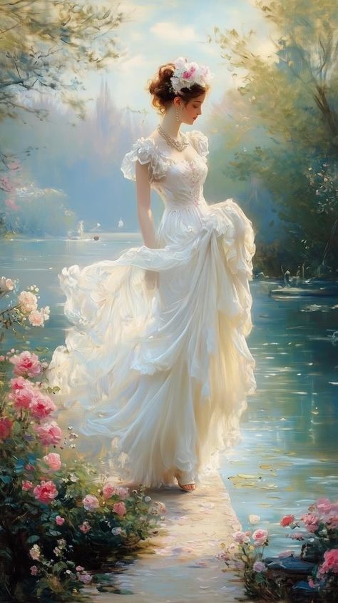 This exquisite artwork, inspired by the delicate stylistic nuances of Impressionist masters, captures a serene moment where a woman in a flowing gown glides gracefully near a serene waterway. The ethereal quality of the painting is enhanced by soft pastel hues, creating a dreamy atmosphere that evokes a timeless elegance. This piece merges the artistry of floral motifs and romantic themes, making it an enchanting addition to any home decor. The artist skillfully employs a gentle palette of pinks Ethereal Paintings, Flower Person, Atmospheric Art, Soft Painting, Delicate Gown, Flowing Gown, Dreamy Atmosphere, Romantic Paintings, Romantic Themes