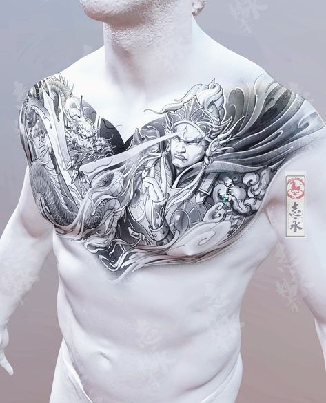 Tattoo China Style, Chinese Tattoo Full Back, Chinese Style Sleeve Tattoo, Fudo Myoo Tattoo Design Back, Zhiyong Tattoo, Tattoo China, Vietnamese Dragon Tattoo Designs, Hawk Tattoo, Chinese Tattoo