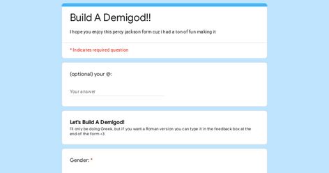 Pjo Shifting Visuals, Build Your Own Demigod, Create Your Demigod Oc, Which Pjo Character Are You Quiz, Make Your Own Pjo Character, Pjo Oc Template, Percy Jackson Oc Template, Pjo Cabin Quiz, Percy Jackson Google Forms