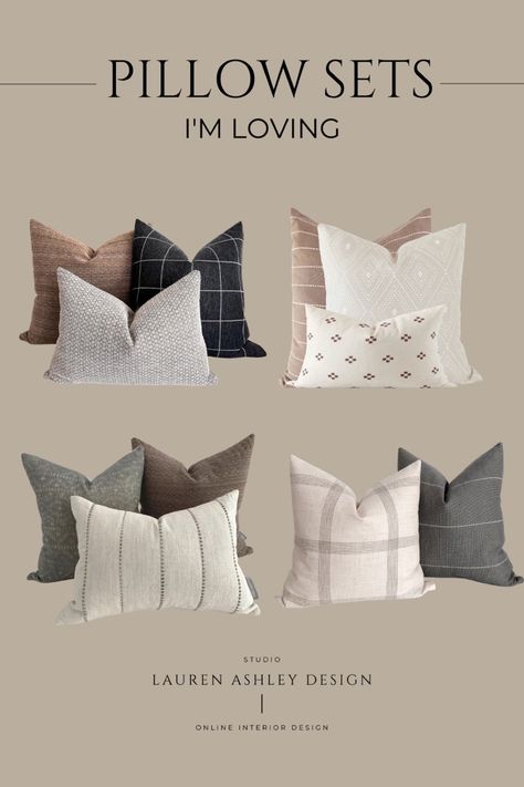 Mcgee Living Room, Light Brown Couch, Taupe Couch, Couch Pillow Arrangement, Studio Mcgee Living Room, Trendy Sofa, Light Gray Couch, Cushion Combinations, Throw Pillow Combinations