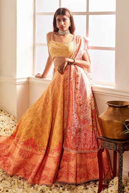 Buy Yellow Cotton Printed Floral Square Blossom Lehenga Set For Women by LASHKARAA Online at Aza Fashions. Drape Lehenga, Lehenga And Blouse, Velvet Dupatta, Kurta Lehenga, Lehenga Pattern, Printed Lehenga, Yellow Lehenga, Lehenga Skirt, Lehenga Blouse