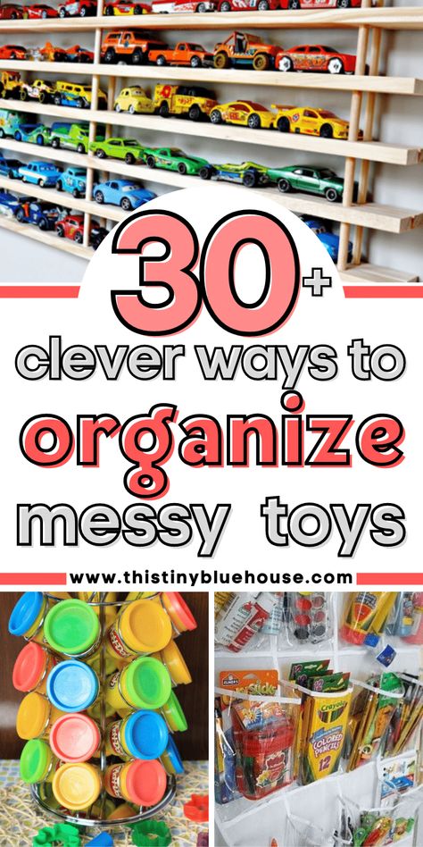 Here are 30+ Cheap and easy storage solutions for messy toys. Get your toy clutter under control with these simple and easy DIY toy storage hacks. Toy Storage Hacks, Organize Kids Toys, Toy Organization Ideas, Lego Storage Solutions, Kid Organization, Coloring Book Storage, Entertaining Room, Toy Organization Diy, Kids Playroom Storage