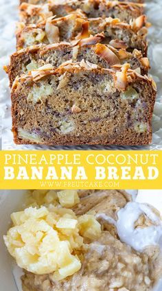 Moist and delicious tropical Pineapple Coconut Banana Bread made with coconut cream, real chunks of sweet pineapple and topped with toasty coconut chips. #quickbread #bananabread #banana #coconut #pineapple #tropical #baking #recipe Banana Pineapple Coconut Cake, Coconut Pineapple Banana Bread, Tropical Banana Bread, Tropical Bread, Pineapple Banana Bread Recipe, Sour Cream Banana Bread, Coconut Banana Bread, Pineapple Bread, Dessert Breads