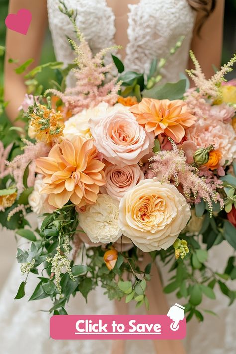 Discover 70+ stunning peach wedding bouquets perfect for making your wedding day unforgettable. Each one is curated to bring beauty, romance, and charm to your ceremony. Click to see the full collection! #peachbouquet #weddingflorals #weddingtrends Peach Yellow Wedding, Yellow And Peach Wedding, Peach Wedding Bouquet, White Spray Roses, Peach Bouquet, Olive Wedding, Pink And White Weddings, Flower Girl Bouquet, Romantic Bouquet