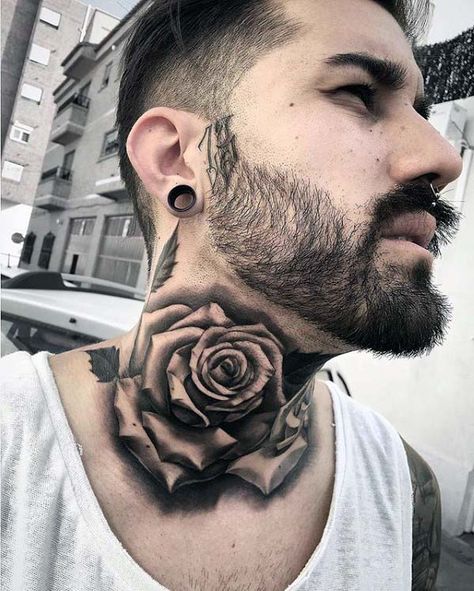 Nice Mens Shaded Rose Neck Tattoos Rose Neck Tattoo, Mangas Tattoo, Best Neck Tattoos, Girl Neck Tattoos, Tatuagem Masculina Pequena, Side Neck Tattoo, Light Inspiration, Throat Tattoo, Rose Tattoos For Men