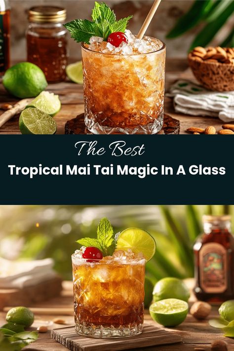 A refreshing Mai Tai cocktail garnished with mint leaves and a cherry sits on a wooden surface surrounded by limes and almonds, embodying Tropical Mai Tai Magic In A Glass. Maitai Cocktail Recipe, Mai Thai Drink Recipe, Maitai Cocktail, Hawaiian Mai Tai Recipe, Easy Mai Tai Recipe, Mai Tai Drink Recipe, Mai Tai Drink, Mai Tai Cocktail Recipes, Mai Tai Recipe