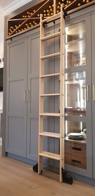 Ladder For Tall Kitchen Cabinets, Kitchen Sliding Ladder, Ladder Bookshelf Bar, Library Ladder In Closet, Ladder In Pantry, Bookshelf With Ladder Diy, Pantry Ladder Ideas, Pantry Bar Ideas, Kitchen Ladder Ideas