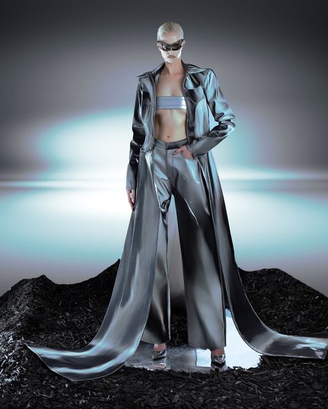 GREY COLOR-SHIFTING SET WITH DETACHABLE TRAIN ⚔️ | Instagram Clothing Editorial Photography, Intergalactic Outfit, Futuristic Fashion Photography, Future Fashion Futuristic, Y3k Fashion, Matrix Fashion, Artistic Photoshoot, Futurism Fashion, Drag Queen Outfits