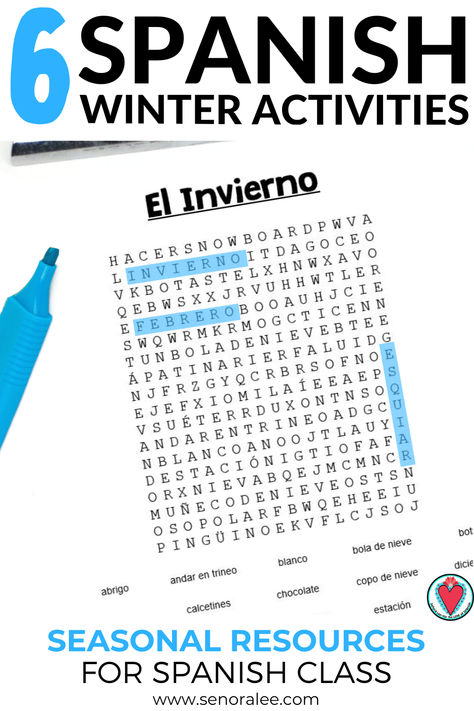 a printable Spanish word search with a list of winter vocabulary words to define and find Winter Vocabulary Words, Middle School Spanish Lessons, Winter Word Search, Winter Vocabulary, Words In Spanish, Basic Spanish Words, Learning Vocabulary, Vocabulary Word Walls, Basic Spanish