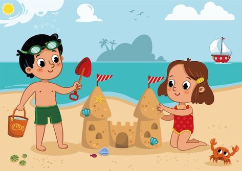 Two little kids playing on the beach out... | Premium Vector #Freepik #vector #playing #boy-playing #girl-playing #kids-beach Dora Pictures, Dream House Drawing, Beach Cartoon, Playing On The Beach, Beach Drawing, 3d Wall Painting, Illustration Techniques, Beach Illustration, Ballet Art