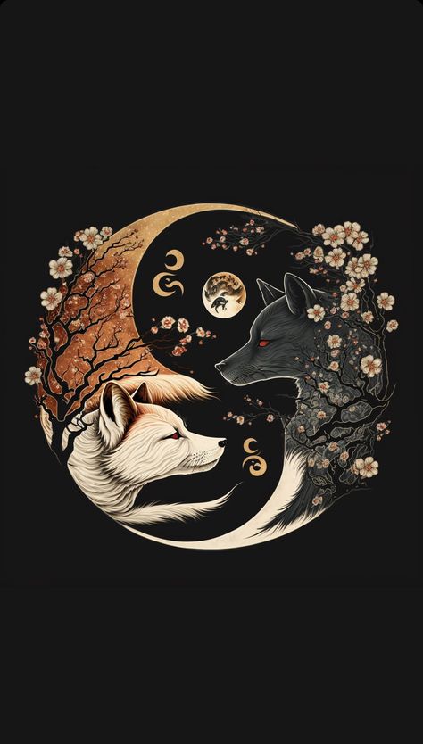 Moon Wolf Tattoo, Jing Y Jang, Ying Yang Art, Ying Yang Tattoo, Watercolor Wolf, Yin Yang Art, Wolf Artwork, Wolf Tattoos, Art Gallery Wallpaper