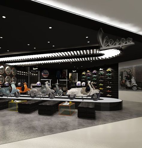 Motorcycle Showroom Interior, Motorcycle Showroom Design, Vespa Shop, Motorcycle Store, Motorcycle Shop, Showroom Interior Design, Garage Interior, Interior Display, Car Showroom