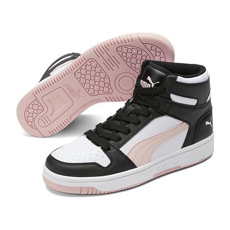 Drawing inspiration from the high-top basketball sneakers of the '80s, these Puma Kicks Alley-Oop the comfort factor to ensure feet and ankles are supported from top to bottom. Puma's unique softfoam+ sockliner offers a plush, cushioned ride with each step, and the mid-height padded collar adds extra stability. The iconic Puma formstrip stretches along the side, and the look is completed with subtle branding embellishments.Features: ComfortClosure Type: Lace-UpFootwear Technology: Eva Cushioning Puma Sneakers Womens, Puma High Tops, Trending Handbags, Womens Basketball Shoes, White Puma, Shoes Basketball, Black Puma, Puma Sneakers, Basketball Sneakers