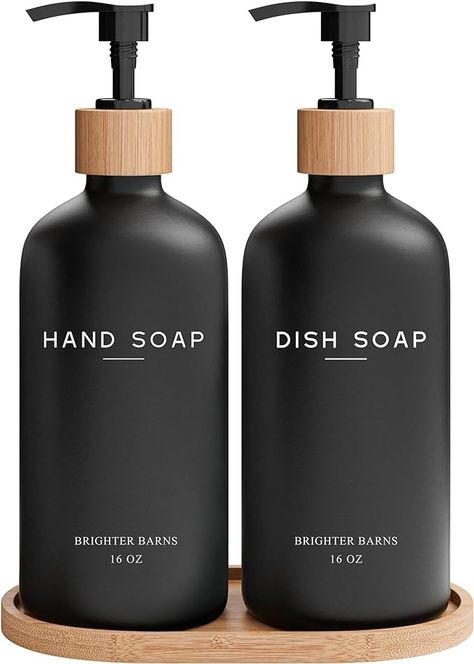 Amazon.com: Black Glass Hand and Dish Soap Dispenser Set by Brighter Barns - Kitchen Soap Dispenser Set with Tray - Bamboo Soap Dispenser for Kitchen Sink - Modern Kitchen Decor, Boho Kitchen Decor (Black) : Home & Kitchen Glass Soap Dispenser Bathroom, Kitchen Decor Boho, Kitchen Decor Black, Hand And Dish Soap Dispenser, Soap Dispenser Set, Boho Kitchen Decor, Modern Kitchen Sinks, Modern Kitchen Decor, Barn Kitchen