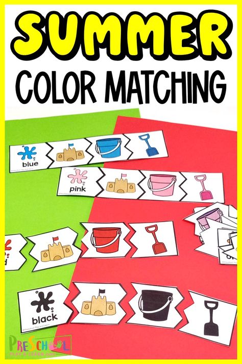 Summer is finally here and this summer color matching activity is a perfect educational color game for preschool, pre-k, and kindergarten age students.  Your little learners will be able to enjoy summer while learning their colors all with this fun and hands-on printable! Use these printable color puzzles to keep your children engaged and learning at the same time. Simply print the color matching printable and get ready to play and learn with an eduational summer activity for preschoolers. Color Games For Toddlers, Math Worksheets For Preschool, Learning Colors Preschool, Summer Math Worksheets, Learning Colors Activities, Summer Math Activities, Preschool Painting, Summer Puzzle, Game For Preschool