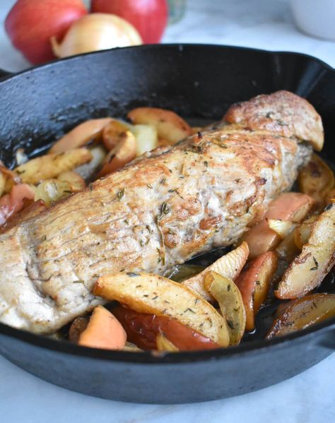 Pork Tenderloin with Apples & Onions - Herbs & Flour Pork Tenderloin Dutch Oven, Roasted Pork Tenderloin With Apples, Pork Tenderloin With Apples, Easy Pork Tenderloin Recipes, Easy Pork Tenderloin, Apples And Onions, Mustard Pork Tenderloin, Apple Pork Tenderloin, Roasted Pork Tenderloin