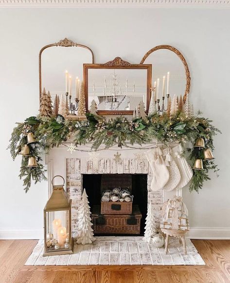 christmas mantle decor 12 Lamps For Fireplace Mantle, White And Gold Christmas Mantle, Neutral Christmas Mantle, Boho Fireplace Mantle Decor, Gingerbread Mantle, Christmas Mantles Ideas Fireplaces, Mantle Decor With Pictures, Mantle Christmas Decor Ideas, Glass Bowl Decor