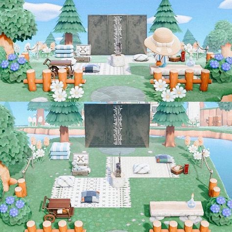 1,578 Likes, 10 Comments - Animal Crossing New Horizons (@crossinginspiration) on Instagram: “Outdoor movie theatre🎥  Creator codes:  Movie credits: 2451-2432-7602  Cable knit blanket:…” Cliff Decoration Animal Crossing, Acnh Picnic, Outdoor Movie Theatre, Animal Crossing Movie, Acnh Idea, Movie Credits, Outdoor Movie Theater, Acnh Inspiration, Cable Knit Blankets