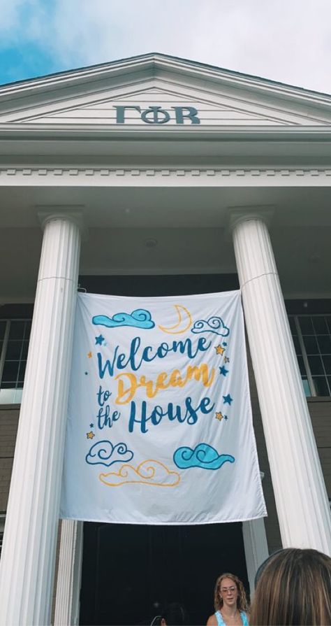 Dream Sorority Theme, Dreaming Of Pc Sorority, Sorority Recruitment Banners, Welcome To The Dream House Bid Day, Sleepover Sorority Banner, Date Party Banners Sorority, Sweet Dreams Bid Day, Sorority Work Week, Pj Day