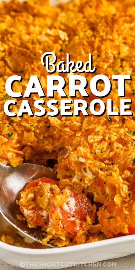 close up of Carrot Casserole with writing Recipes Using Carrots, Easy Vegetable Dishes, Frozen Carrots, Peas And Carrots Recipe, Mixed Vegetable Casserole, Carrot Recipes Side Dishes, Carrot Casserole, Carrot Dishes, Canned Carrots