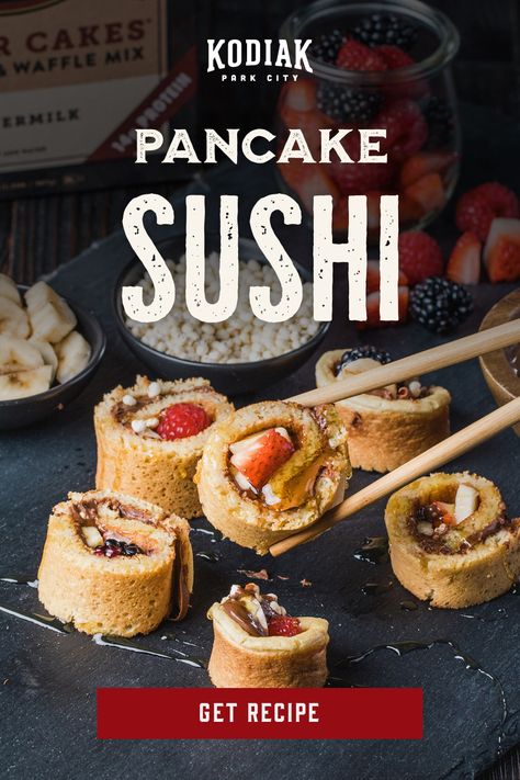 We promise this isn't as odd as it sounds. No fish involved, instead just a fun take on eating breakfast with Pancake Sushi. Make a batch of your favorite flapjacks, fill with nut butter, hazelnut spread, or fruit preserve, then add some fresh fruit and start rolling. So many awesome combinations to try, almond butter bananas, and a honey drizzle? Chocolate, strawberries, and some puffed rice for a crunch? Almost too many combos to choose from. Pancake Sushi, Creative Breakfast Ideas, Breakfast Sushi, Dolci Finger Food, Honey Drizzle, Sushi Recipe, Eating Breakfast, Puffed Rice, Hazelnut Spread