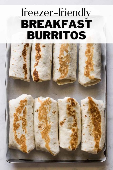 Easy breakfast burritos filled with eggs, breakfast sausage, chunky salsa, and shredded cheese. They're perfect for meal prep and are freezer friendly! Breakfast Burritos With Refried Beans, Frozen Breakfast Wraps, Freezer Breakfast Burritos Bacon, Big Batch Breakfast Burritos, Breakfast Burrito Meal Prep, Meal Prep Breakfast Burritos, Bulk Breakfast, Breakfast Freezer Meals, Easy Breakfast Burrito Recipe