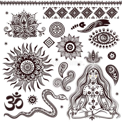 Yoga Elements, Indian Elements, Nature Drawings, Indian Symbols, Yoga Tattoos, Yoga Symbols, Polynesian Tattoos, Muster Tattoos, Geometric Tattoos