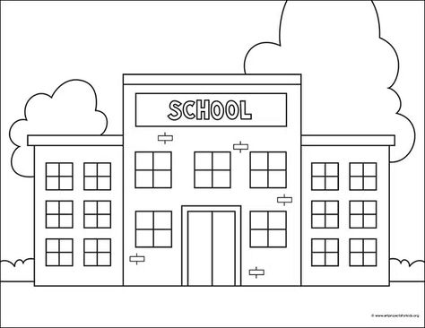 School Simple Drawing, Simple School Drawing, How To Draw School, My School Drawing For Kids, School Easy Drawing, My School Drawing, School Drawing Easy, Drawing Of School, Cafe Drawings