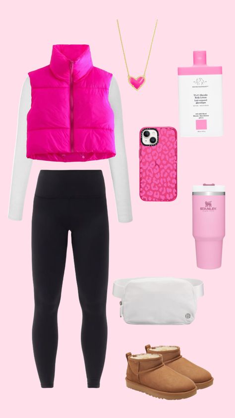 Preppy Puffer Jacket, Preppy Simple Outfits, Preppy Tiktok Outfits, Preppy Outfits Sporty, Pink Outfits Preppy, Cute Summer Sporty Outfits, Hot Pink Puffer Jacket Outfit, Preppy Outfits Collage, Pink Outfit Board