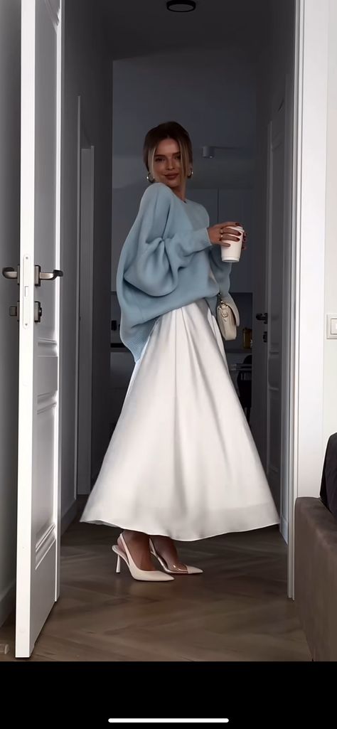 Luxury Classy Outfits, Wearing Dress In Winter, Barbie Inspired Outfits Winter, Quiet Luxury Women Outfit, Blue Satin Dress Outfit Casual, Navy Knit Dress Outfit, Cream Monochromatic Outfit, Romantic Chic Outfit, Dusty Blue Sweater Outfit