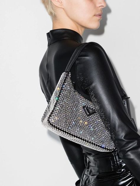 Crystal Bag Outfit, Prada Crystal Bag, Prada Bag Outfit, Chanel Wallpaper, Jacquemus Le Chiquito, Prada Re Edition, Embellished Bags, Crystal Bags, Leather Outfit