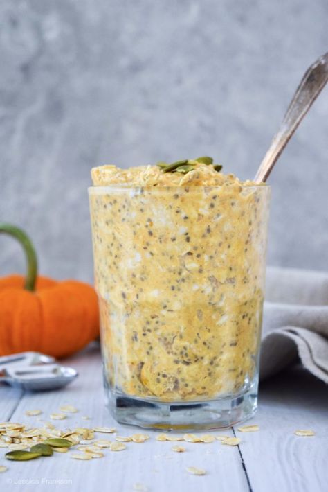 Pumpkin Chia Overnight Oats (Dairy-Free) | A Simplified Life Pumpkin Chia Pudding, Chia Overnight, Simplified Life, Chia Overnight Oats, Pumpkin Spice Syrup, Oats Recipe, Overnight Oats Recipe, Fiber Rich, Breakfast On The Go