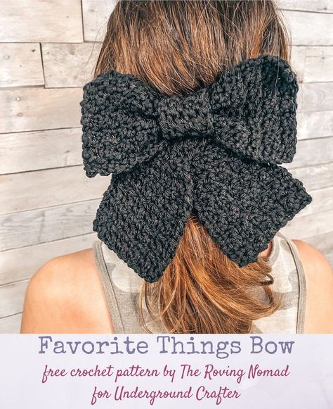 Free #crochet pattern: Favorite Things Bow by The Roving Nomad for Underground Crafter | This simple, textured crochet bow pattern can be worn in your hair or as a bow tie, added to a decorative garland, or used as gift wrap.#undergroundcrafter #therovingnomad #crochetbowpattern Crochet Bows Free Pattern, Best Crochet Hair, Crochet Bow Ties, Crochet Bow Pattern, Crochet Hair Bows, Crochet Headband Tutorial, Crochet Bow, 4mm Crochet Hook, Mode Crochet