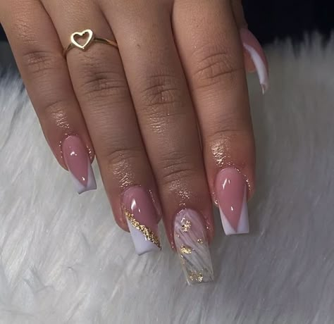 Square Nail Designs Birthday, Polished Nails Designs, Acrylic Nails With Foil Design, French Nails Acrylic Square Medium, Medium Length Cute Nails, Basic Medium Nails, Cute Birthday Nails Coffin Short, Nail Designs Pink And Gold, Classy Acrylic Nails Short