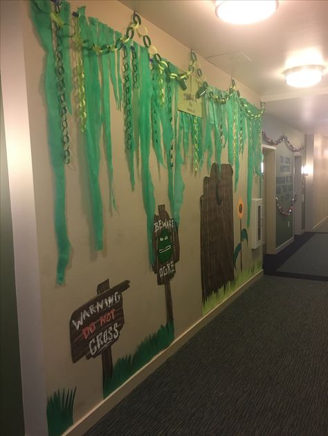 RA hall theme #Broadway #SHREKthemusical Shrek Hallway Decorations, Shrek The Halls, Shrek Theme Decorations, Shrek Door Decoration, Shrek Themed Halloween Party, Shrek Office Decor, Shrek Door Decs, Shrek Decorations Diy, Shrek Bulletin Board