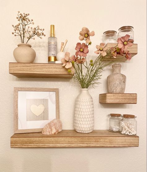 Blush Valentine’s Day Decor for Bathroom Shelves Boho Floating Shelf Decor Bedroom, Bathroom Storage Display, Dainty House Decor, Cute Simple Bathroom Decor, Small Floating Shelf Decor Living Room, Guest Bathroom Ideas Brown Cabinets, Pretty Shelf Decor, Spring Decor Bathroom, Boho Bathroom Shelf Decor