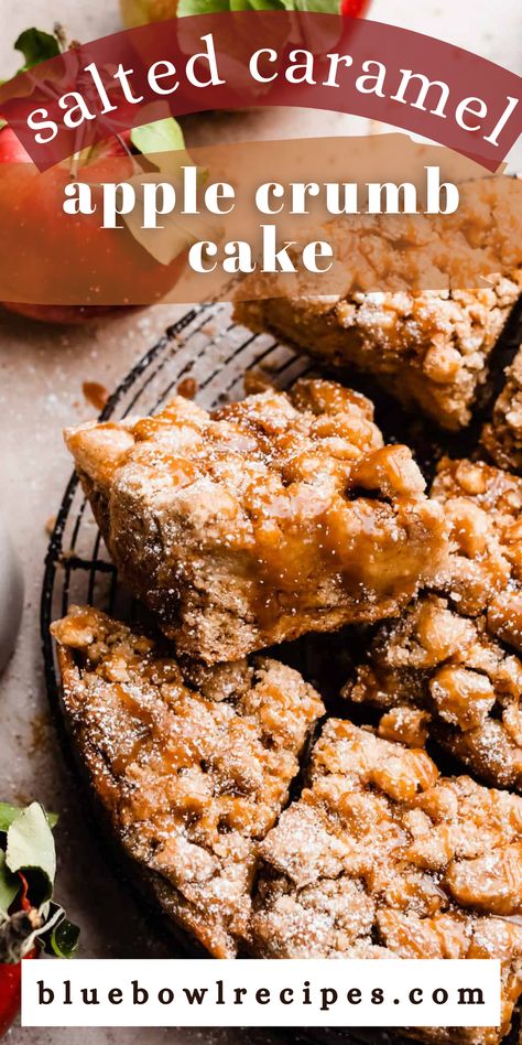 My Caramel Apple Crumb Cake is made with a fluffy layer of spice cake, a layer of caramelized cinnamon apples, and a generous amount of crumb topping. Finish it off with a drizzle of salted caramel sauce for true fall bliss! #applecake #crumbcake #applecrumbcake #saltedcaramel #cakerecipes #fallrecipes #falldessert #comfortfood #fallbaking #halloweenrecipes #caramel #cake #christmasdessert #thanksgivingdessert #thanksgivingrecipes #fallcake #bluebowlrecipes | bluebowlrecipes.com Apple Crumb Cake, Apple Crumb Cakes, Apple Crumb, Cheesy Casserole, Salted Caramel Sauce, Winter Desserts, Homemade Apple Pies, Caramel Cake, Cozy Meals