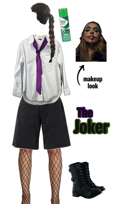 purple tie, green hairspray, white button down shirt, black jorts, black fishnets, joker makeup, black combat boots Joker Costume Female Outfit, Joker Halloween Costume, Outfit Black And White, Female Joker, Joker Halloween, Joker Costume, Dc Villains, Halloween Costume, Halloween Costumes