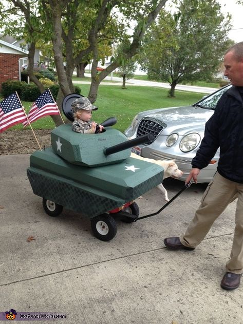 Wagon Costumes For Kids, Army Tank Halloween Costume, Diy Army Tank, Halloween Costumes Wagon, Family Halloween Costumes With Wagon, Costume With Wagon, Trash Truck Halloween Costume Wagon, Kids Army Costume, Wagon Floats