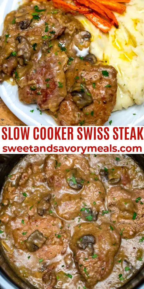 Swiss Steak Crockpot, Slow Cooker Swiss Steak, Slow Cooker Chicken Stew, Swiss Steak Recipes, Crockpot Steak, Venison Steak, Swiss Steak, Savory Meals, Crockpot Recipes Beef