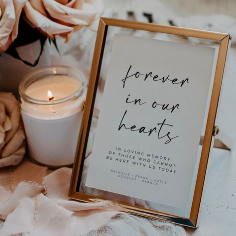 Forever in our hearts EDITABLE SIGN TEMPLATE - Alfreda Collection 👉 THIS IS A DIGITAL PRODUCT - NO PHYSICAL ITEM WILL BE SHIPPED 👈 Create your own wedding remembrance sign with this modern and minimalist template. You can easily personalize it with your text, directly in your browser via Corjl.com. Then you can immediately download your file as a PDF or JPG and print it. SIZES INCLUDED : - 5 x 7  inches (1500 x 2100 px) / portrait / 300 dpi - 8 x 10  inches (2400 x 3000 px) / portrait / 300 dp Remembrance Table, Wedding Remembrance, Wedding Memorial Sign, Photo Png, Memory Table, Forever In Our Hearts, Heart Printable, Heart Template, Memorial Signs