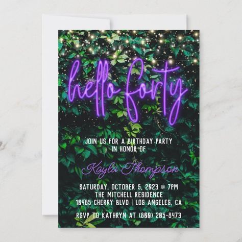 Neon Green Wall, Greenery Birthday Party, Hello Forty, 40th Birthday Party Invites, Neon Birthday, Forty Birthday, 40th Birthday Party, 40th Birthday Invitations, 2nd Birthday Invitations